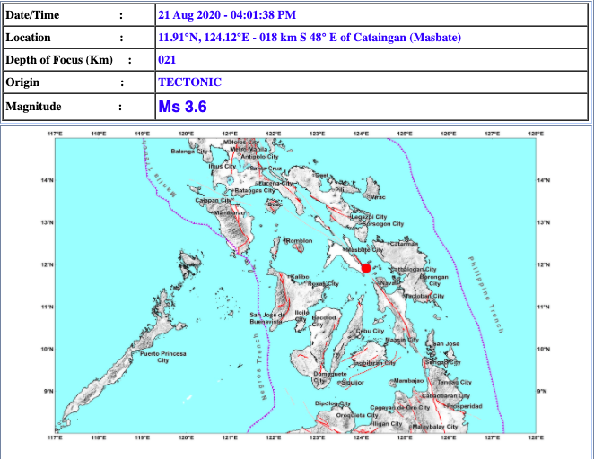 Masbate quake aftershock recorded on Aug. 21