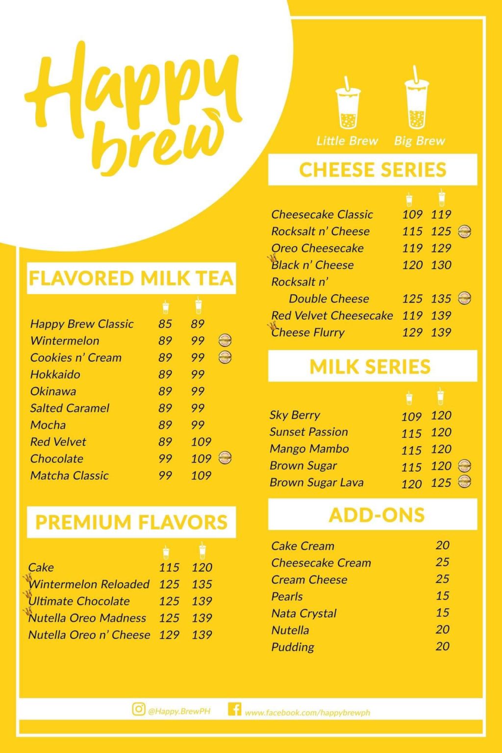 A photo of happy brew's milktea menu