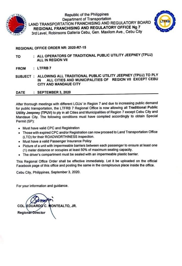 LTFRB-7 order allowing jeepneys in Central Visayas except for Cebu City and Mandaue City.