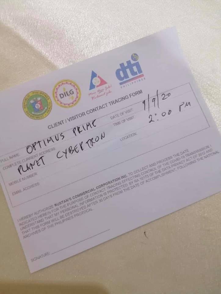 A health form with false information in Cebu City. The RDC-7 is recommending to the DTI-7 to require establihsments to use QR Code health slips that paper slips. | Photo Courtesy of Councilor Joel Garganera
