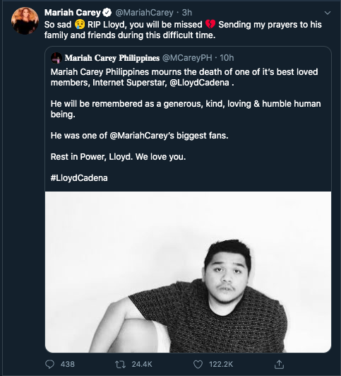 Mariah Carey's tweet on Lloyd Caneda's passing.