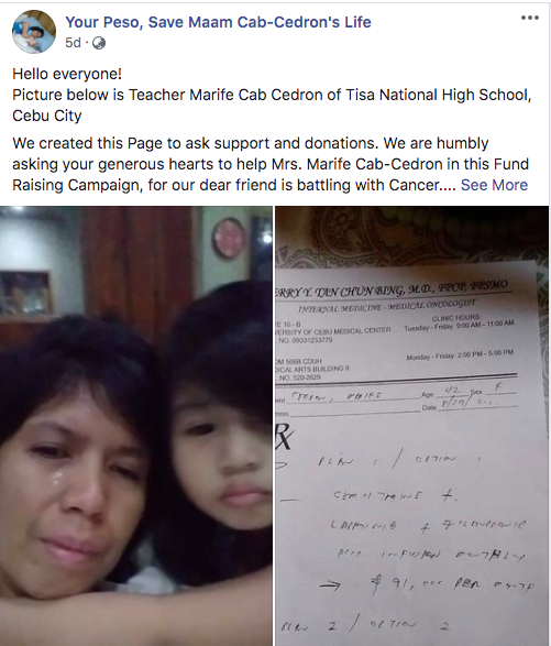 Teachers and friends of Marife Cedron have created a Facebook page appealing for donations for Cedron's medications. 