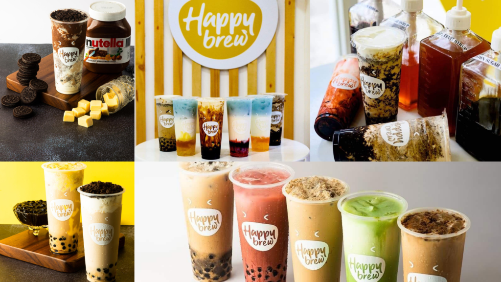 A collage photo of many different flavor of milktea