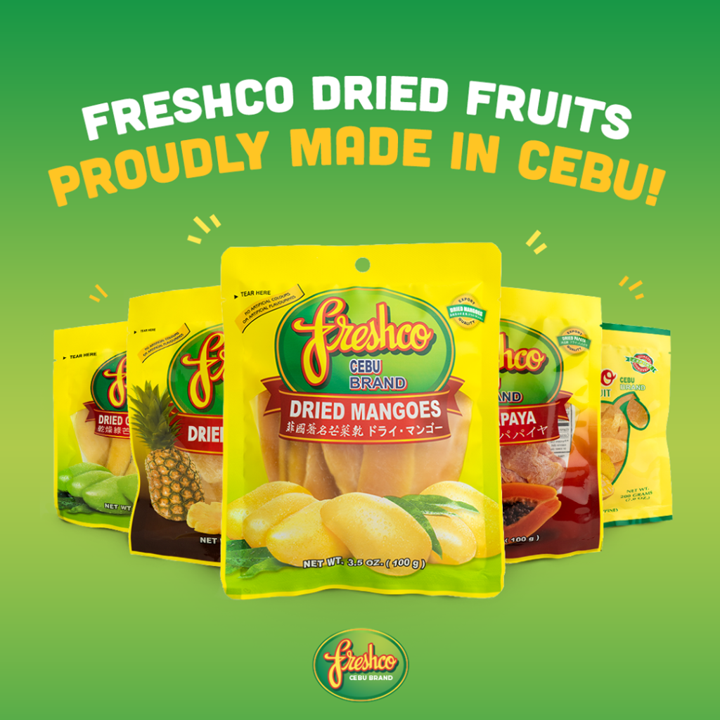 Freshco Cebu's variety of products, including Dried Mangoes, Dark Chocolate Dried Mangoes, White Chocolate Mangoes, Dried Green Mangoes, Mango Rolls, Dried Pineapples, Dried Jackfruit, Dried Papaya, Banana Chips, and many more.