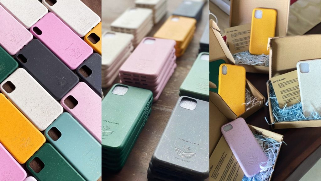 A collage photo of biodegradable phone cases