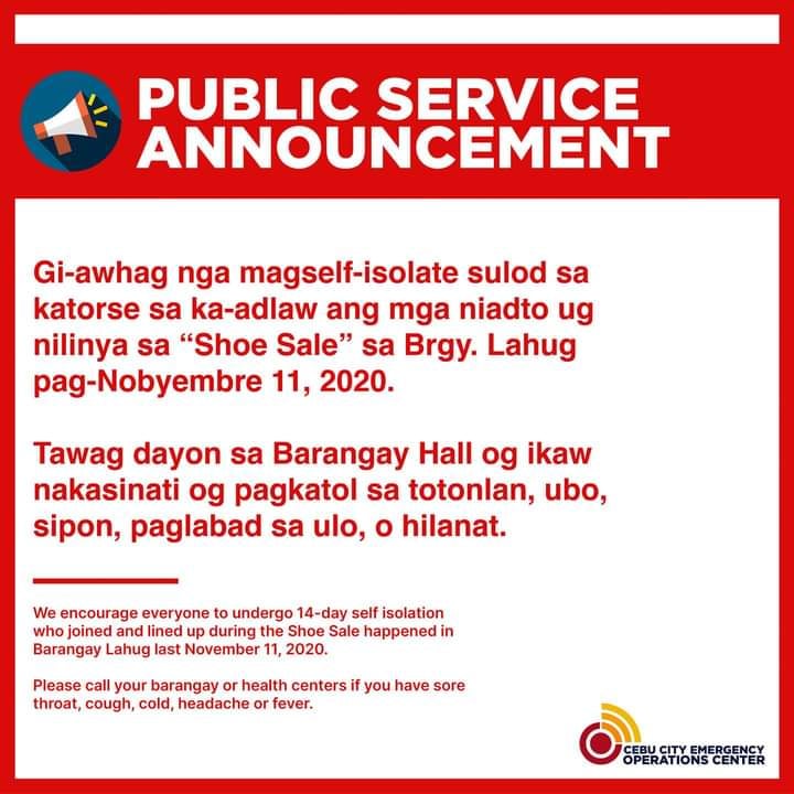 EOC announcement encouraging those who joined the 11.11 sale of a shoe store in Barangay Lahug to go on self-quarantine. 