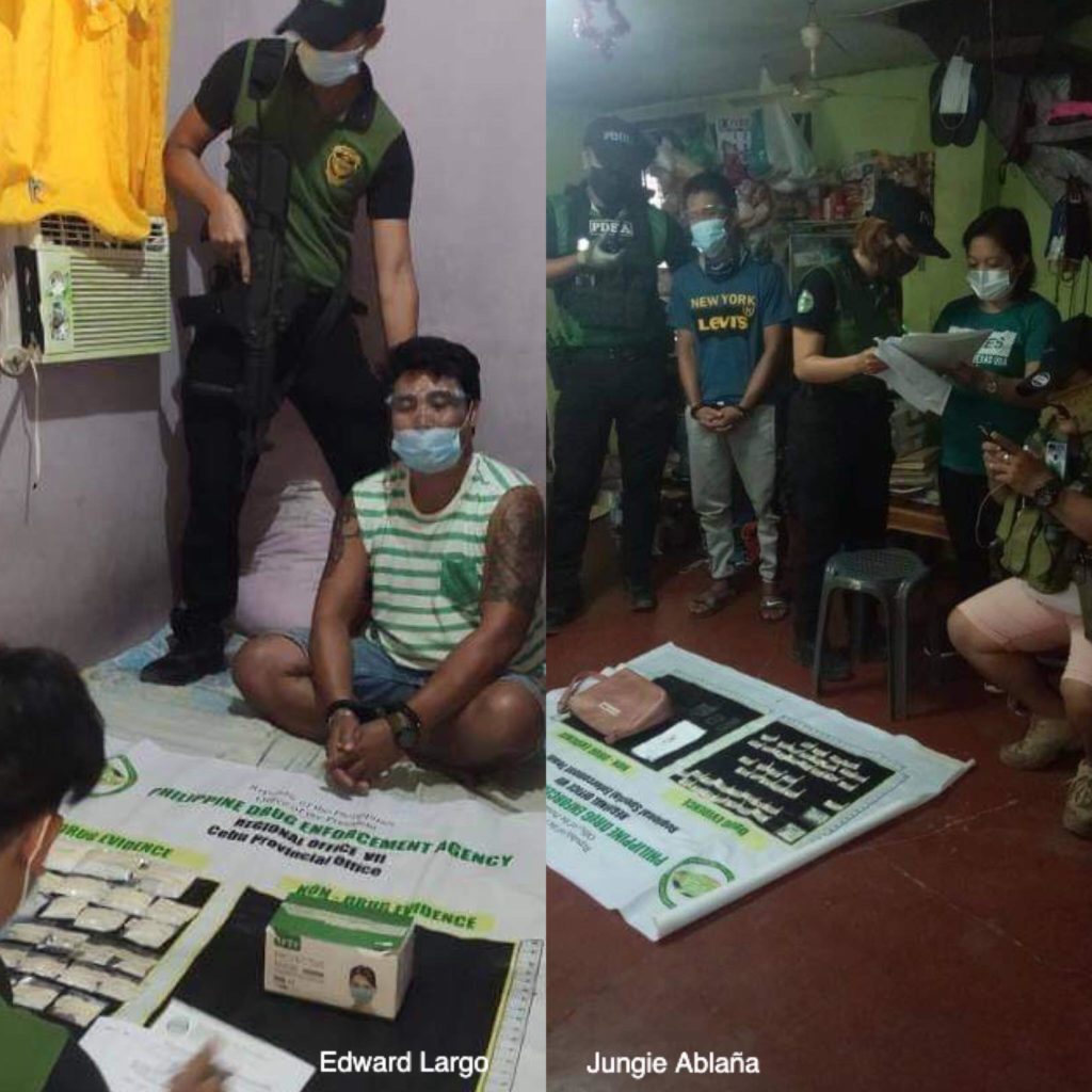 Edward Largo (left) and Jungie Ablaña (right) are caught with suspected shabu during drug separate raids in their houses in Barangay Basak Pardo in Cebu City at past noon on Sunday, February 21, 2021. Agents of the Philippine Drug Enforcement Agency in Central Visayas confiscated at least P3.4 million worth of suspected shabu from the 2 drug suspects. | Photos courtesy of PDEA-7