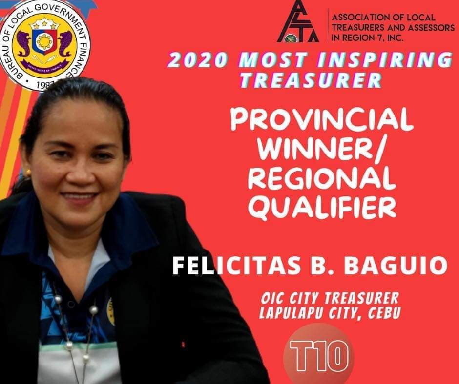 CITY TREASURER WINS AWARD. Felicitas Baguio, acting City Treasurer of Lapu-Lapu City, is recognized as one of the Most Inspiring City Treasurers in the province. 