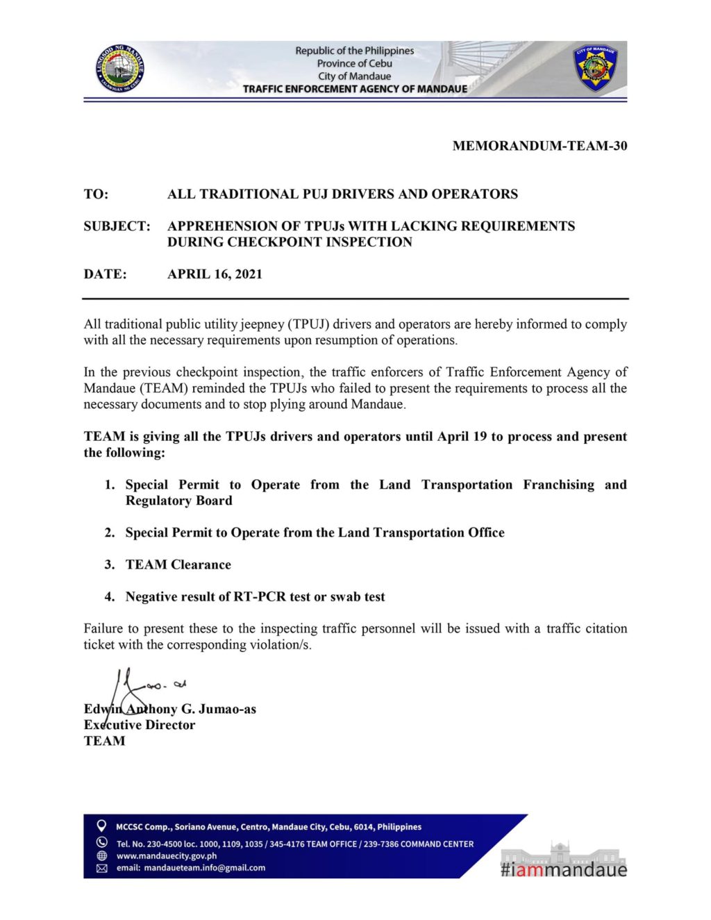 Memo for Mandaue PUJ drivers to comply with requirements to ply their routes.