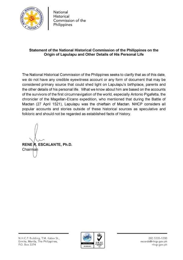 NHCP statement on debate on the Origin of Lapulapu.