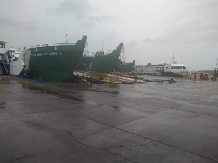 BISING UPDATE. Ships are moored at the Hagnaya Port in San Remigio town as parts of northern Cebu including San Remigio town are still under Storm Signal No. 1 due to Typhoon Bising. | Photo courtesy of CPA