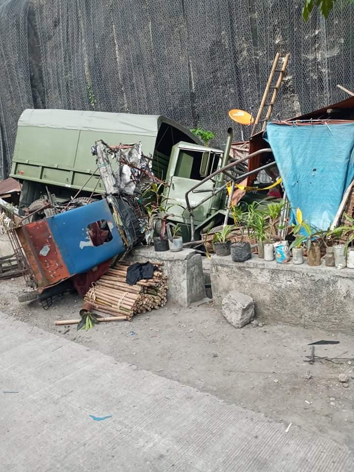 The wayward truck sits in front of one of the houses it slammed into before it stopped in Sogod town, northern Cebu at past 1 p.m. today, May 2. | contributed photo via Paul Lauro