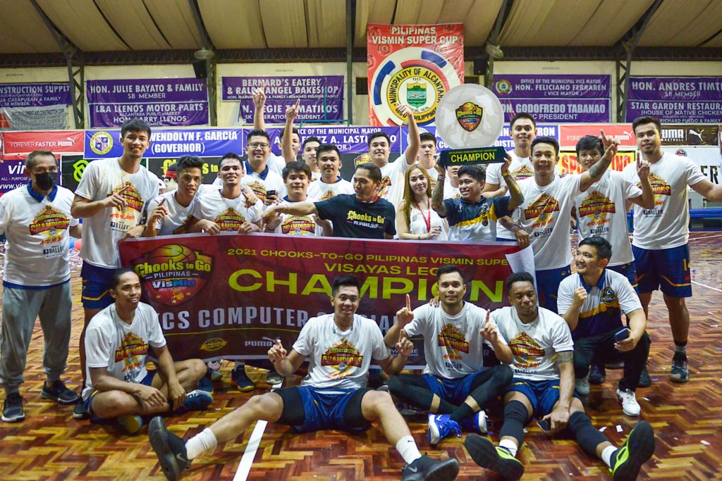 Specialist Coach Reyes shares formula for beating Aquastars: Players and staff of the KCS Computer Specialists-Mandaue City celebrate after winning the Visayas title of the Pilipinas VisMin Super Cup on Sunday, May 9, 2021, in Alcantara town, southwestern Cebu. | contributed photo