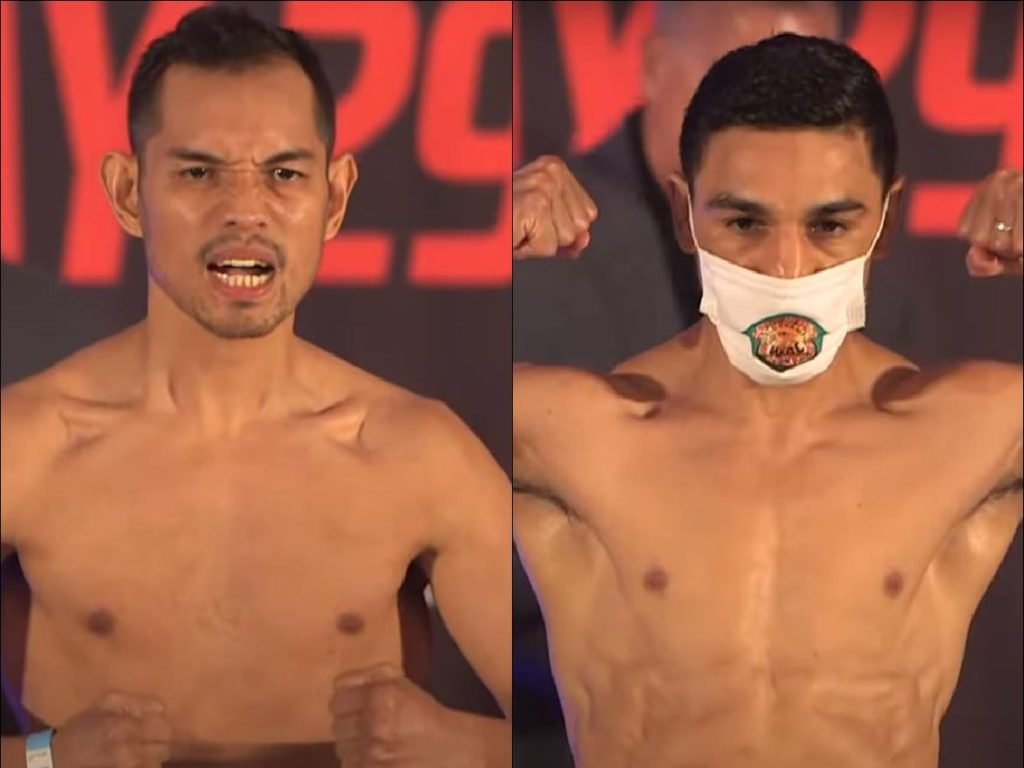 DONAIRE FIGHT. Nonito Donaire and Nordine Oubaali flex their muscles after passing the official weigh-in for their world title showdown tomorrow, Sunday, May 30, 2021 in Carson City, California. | Screen grabs from the official weigh-in live streaming of Showtime Sports