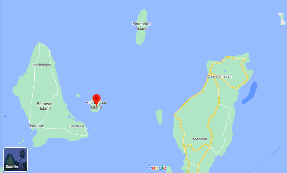 This is a screen shot of the Google map showing Hilantagaan Island in Santa Fe town in Bantayan Island in northern Cebu.