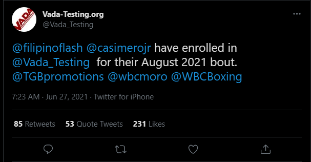 Donaire, Casimero are enroled in anti-doping program says VADA in a tweet.