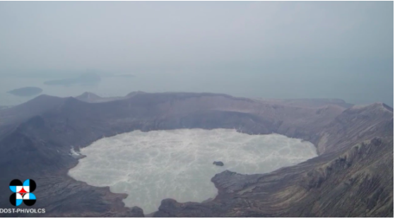A screenshot of a drone video provided by Phivolcs showing the upswelling of the crater lake of Taal Volcano.