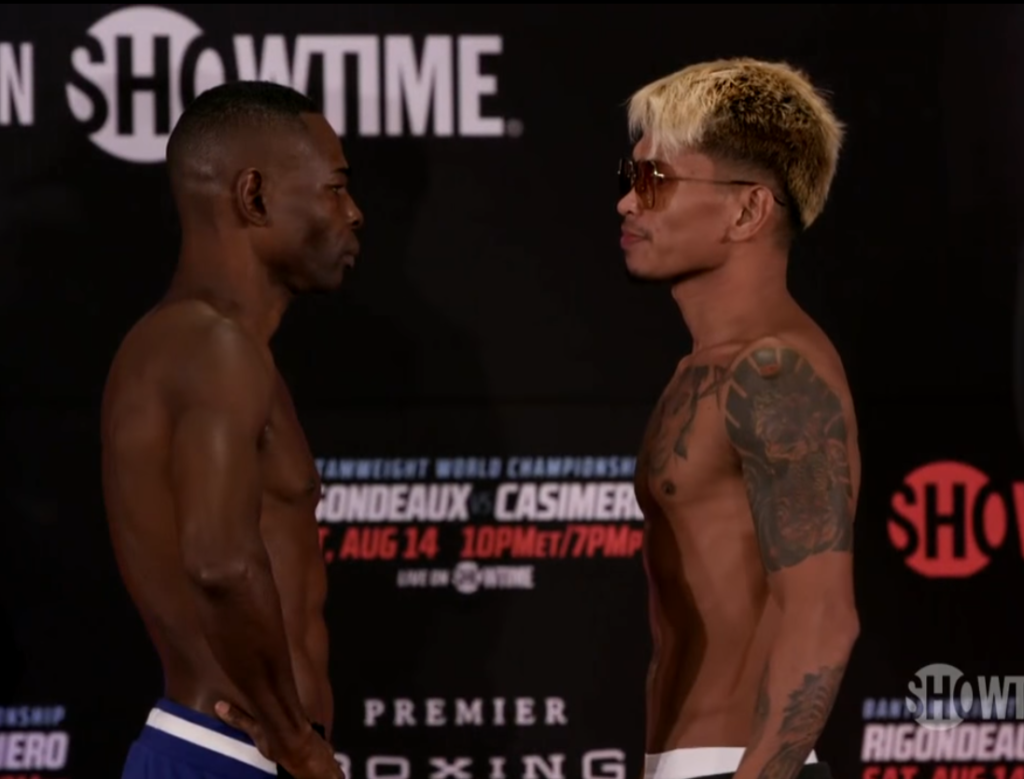 CASIMERO-RIGONDEAUX FIGHT ON. In photo are Guillermo Rigondeaux of Cuba (left) and Filipino John Riel Casimero (right) engaged in a staredown after passing the official weigh-in for their WBO world bantamweight title showdown tomorrow, August 15 (August 14 US Time) in Carson City, California. | Screen grab from Showtime's weigh-in video