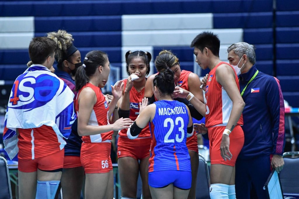 Team Choco Mucho huddles up during a timeout in their match versus Zhetysu VC on Saturday. | Photo from Asian Volleyball Confederation.