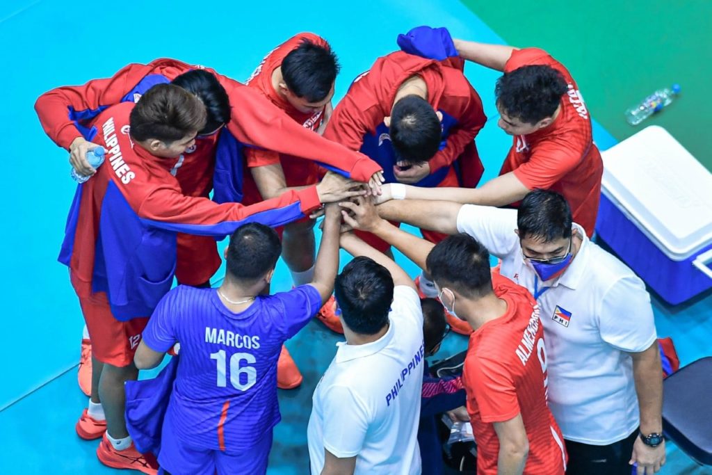 Team Rebisco Philippines huddle up during a time-out in their match against Al-Arabi Sports Club in the ongoing 2021 Asian Men’s Club Volleyball Championships yesterday. | Photo from AVC Facebook page.