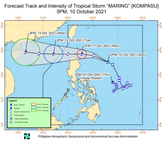 SIGNAL NO. 2 IN SIX AREAS IN LUZON. In photo is the forecast track and intensity of Tropical Storm "Maring".