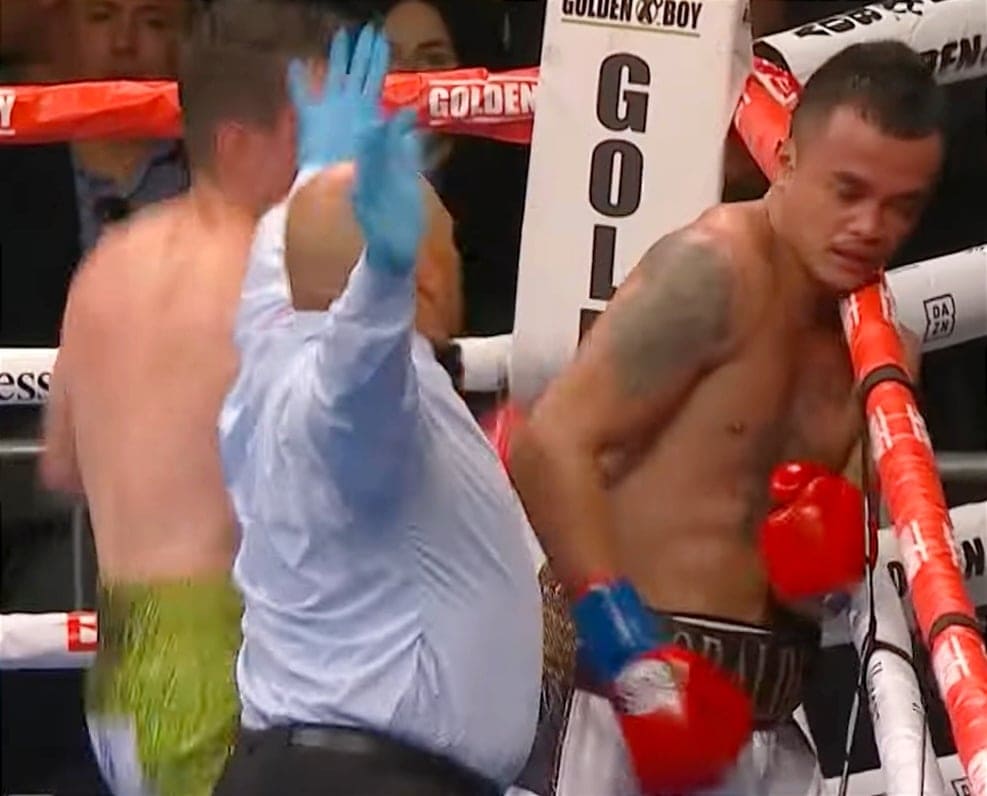 John Vincent Moralde turns away from William Zepeda in the fourth round prompting the referee to stop the WBA title fight in the US. | Screen grab from the bout's highlights.