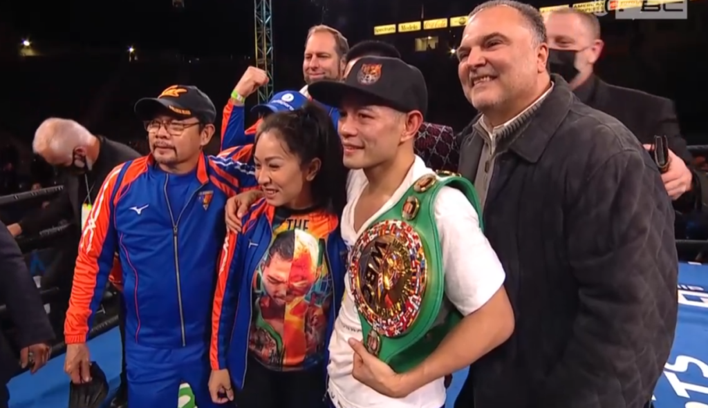 DONAIRE WINS. Nonito Donaire is surrounded by his family and team after his victory against fellow Filipino Reymart Gaballo. | Screen grab from the live streaming