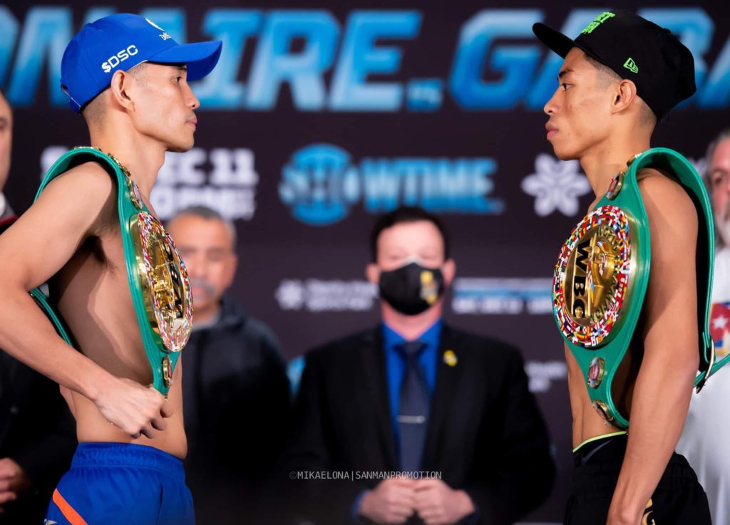Nonito Donaire (left) and Reymart Gaballo (right) engage in a staredown after their weigh-in for their world title showdown on Saturday, December 11 (Sunday December 12 Manila Time) in Carson City, California. | Photo from Sanman Promotions Facebook Page