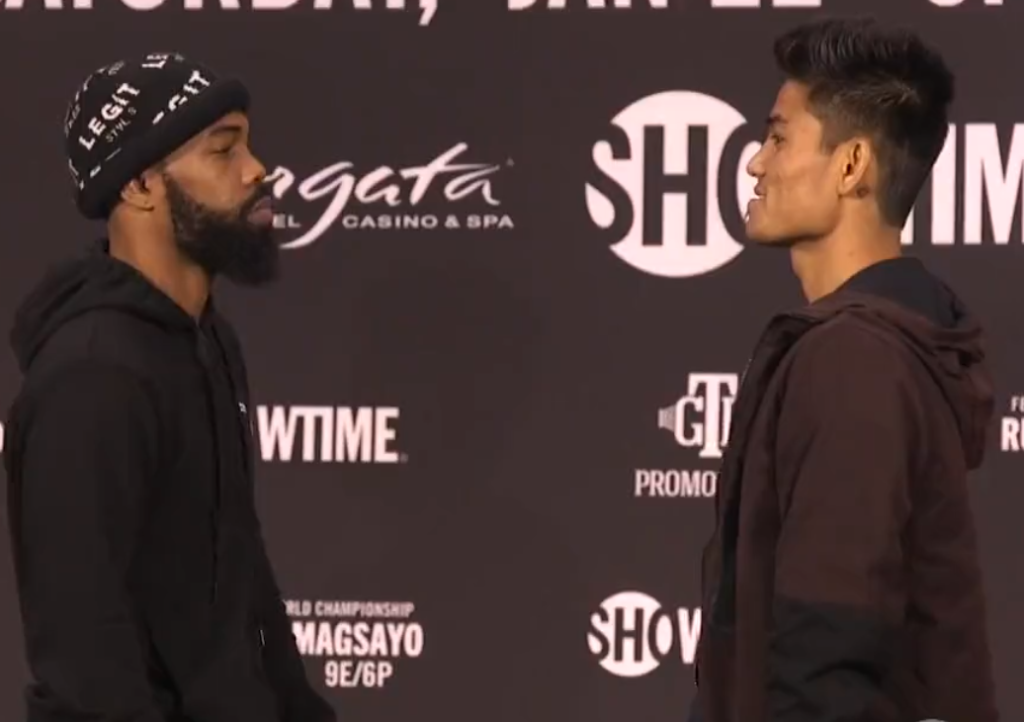 Gary Russell Jr. (left) and Mark Magsayo (right) stares at each other during their final presser for their world title bout in Atlantic City, New Jersey. | Screengrab from Showtime's live streaming