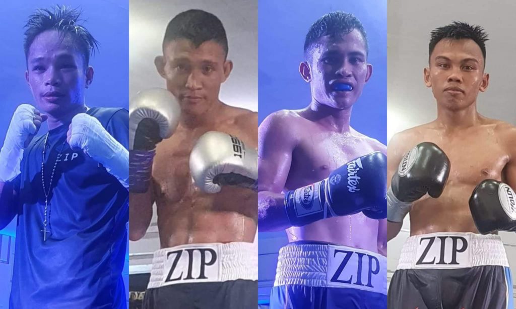 SANMAN BOXERS WIN IN GENSAN. Zip Sanman boxers  Esneth Domingo (from left), KJ Cataraja, Melvin Jerusalem, and Alex Santisima Jr. showed their skills as they dominated their foes in the Sanman Boxing Bubble VIII on Saturday, February 26 in General Santos City.| Photo from Sanman Boxing's Facebook Page.