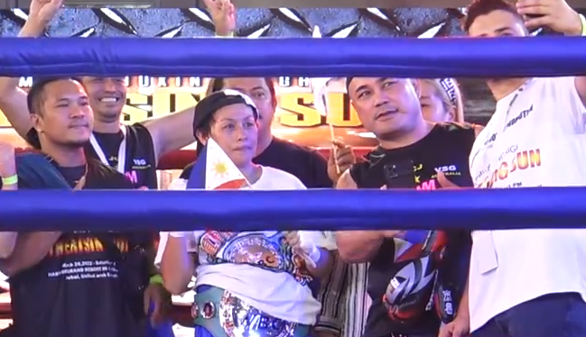PINAY BOXER GURO WINS. Norj Guro wears the WBC silver female atomweight strap after beating Denise Castle in Dubai, UAE, last Saturday, March 26, 2022. | Screen grab from the live stream video.