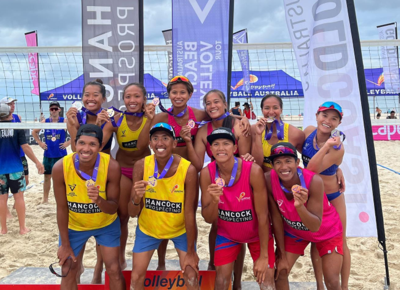 PH VOLLEYBALL TEAMS MAKE GOOD IN AUSTRALIA TOURNEY. The Philippine beach volleyball team showing their medals during the awarding ceremony of the 2022 Australia Beach Volleyball Tour Championships in Brisbane last Sunday. | Photo from Gonzaga's Instagram Page