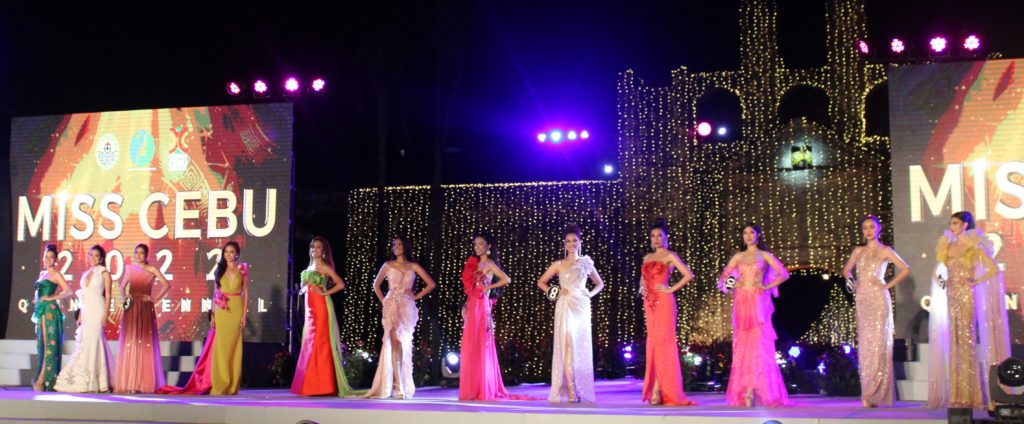 The 12 Miss Cebu 2022 Quincentennial candidates compete for the crown on March 16, 2022. | Vhenna Mantilla and Jewil Ann Tabiolo