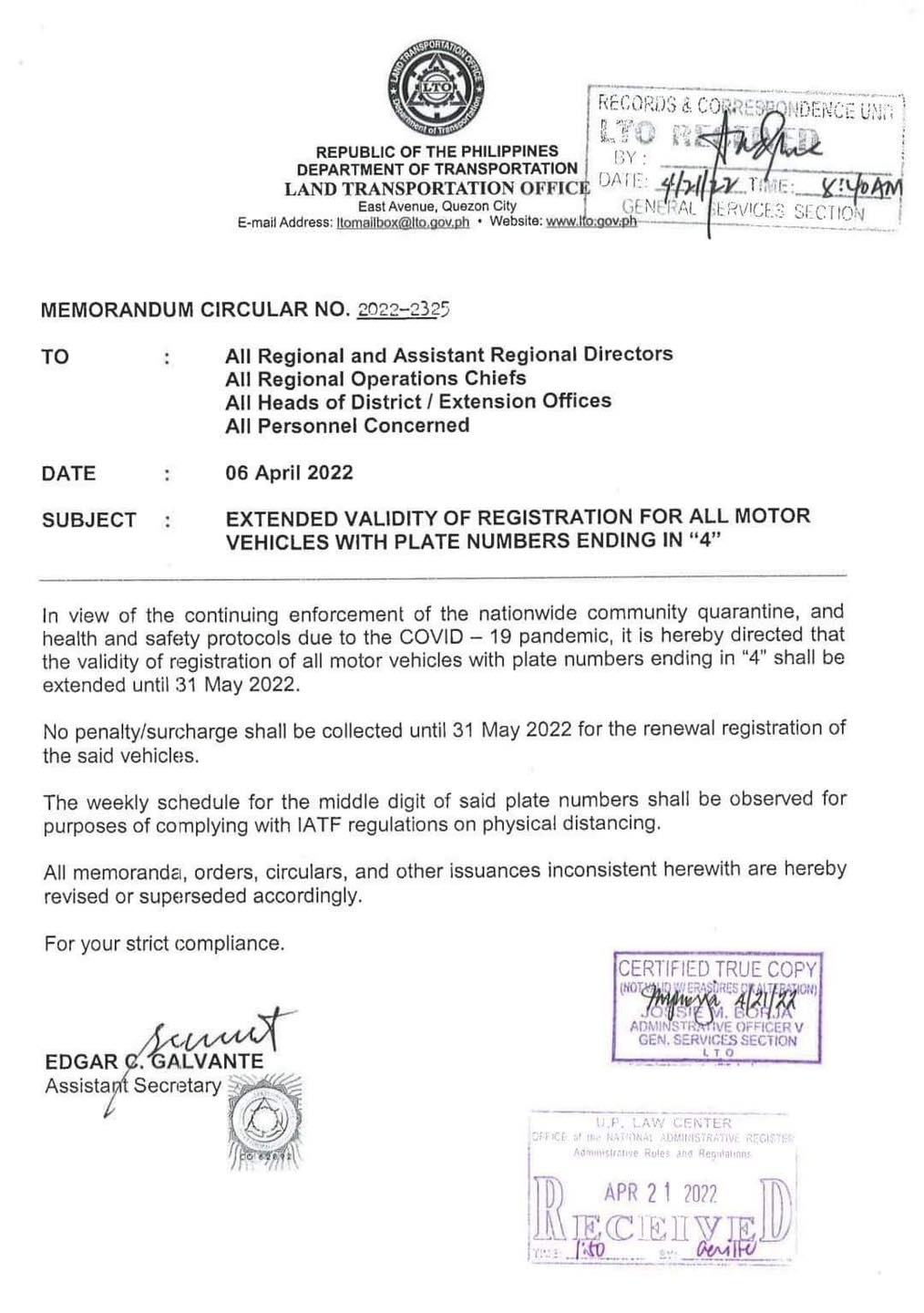 A copy of the LTO Memorandum granting an extension of the validity of registration of vehicles with plate number ending in 4 until May 31.