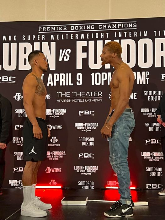 Eumir Marcial (left) and Isaiah Hart (right) engage in a staredown after passing the weigh-in for their middleweight bout in Las Vegas. | Photo from Marcial's Facebook page.