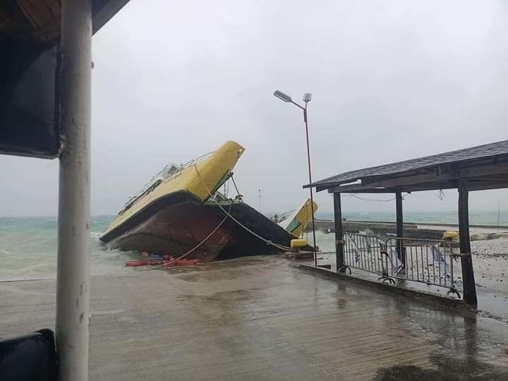 Agaton’s effects felt in Cebu.  The Philippine Coast Guard in Central Visayas has confirmed that a roll-on-roll-off (roro) vessel of Jomalia Shipping Corp. is left half-submerged at the Consuelo Port in San Francisco town in Camotes Island after big waves brought by tropical depression Agaton caused it to take in water and tilt. | Photo courtesy of Jonah Mar Funda Bolaño