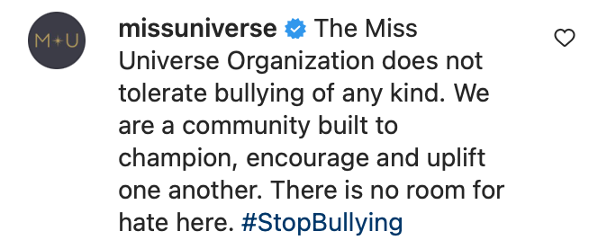 Miss Universe organization's stand on cyberbullying.