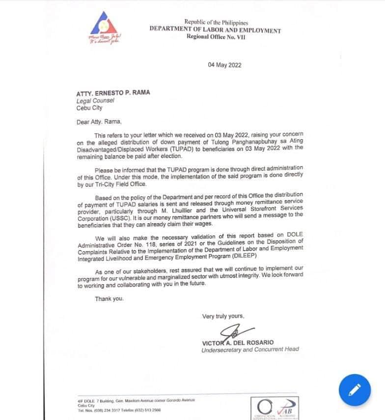 Allegations against Abellanosa. This is the response of the Department of Labor and Employment on the letter of Lawyer Ernesto Rama claiming that Rep. Rodrigo Abellanosa allegedly used TUPAD for political gains. | Delta Dyrecka Letigio