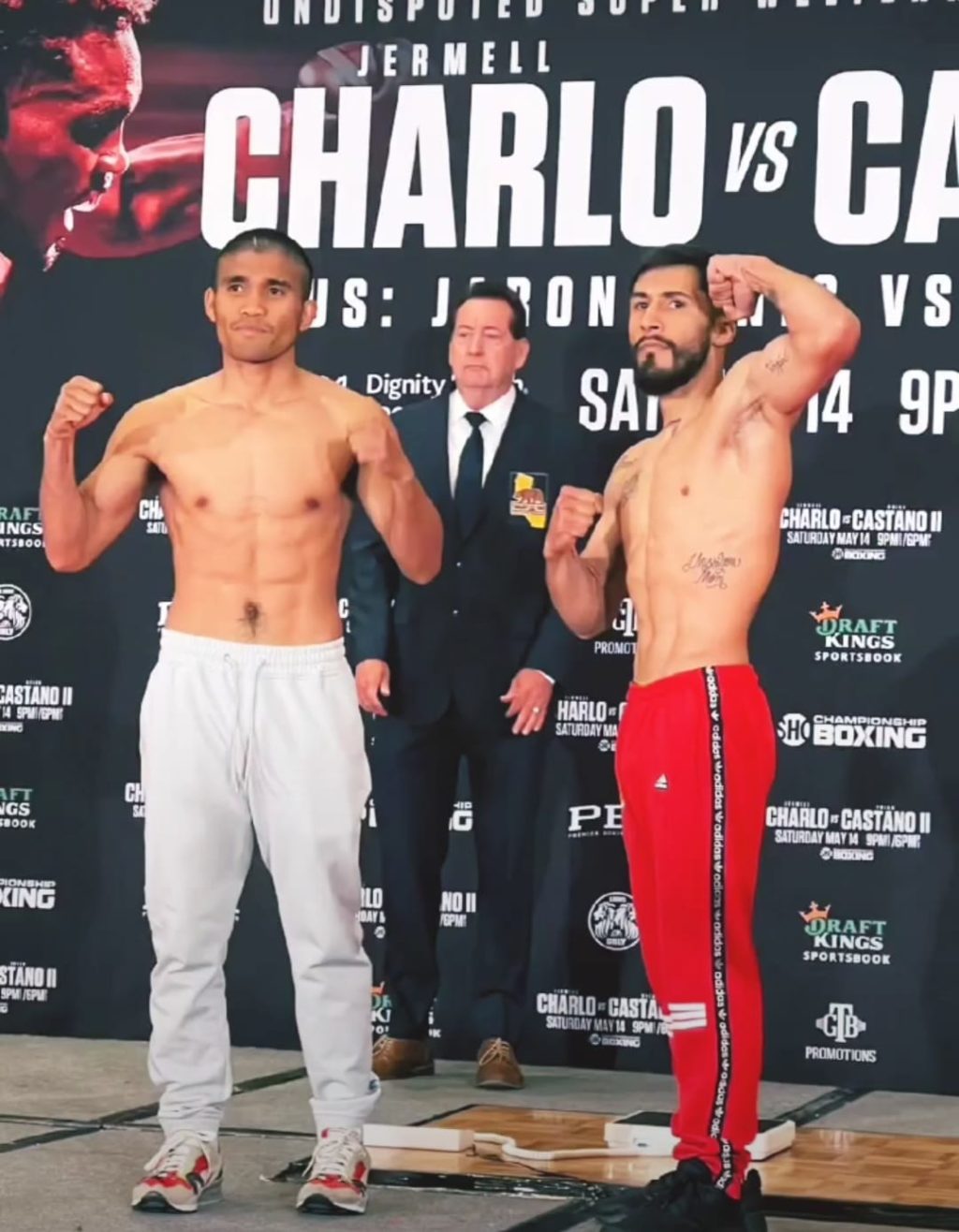 Marlon Tapales (left) and Jose Estrella (right) strike a pose after passing the weigh-in for their bout tomorrow in Carson City, California. | Photo from Sanman Boxing Promotions