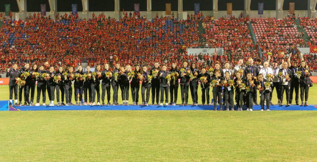 The Philippine Women's National Football Team (PWNFT), Filipinas, pose for a group photo during the awarding ceremony of the SEA Games women's football in Vietnam. | Photo from PFF Website