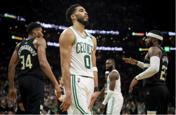 Jayson Tatum #0 of the Boston Celtics reacts during the fourth quarter of Game Five of the Eastern Conference Semifinals against the Milwaukee Bucks at TD Garden on May 11, 2022 in Boston, Massachusetts. Maddie Malhotra/Getty Images/AFP