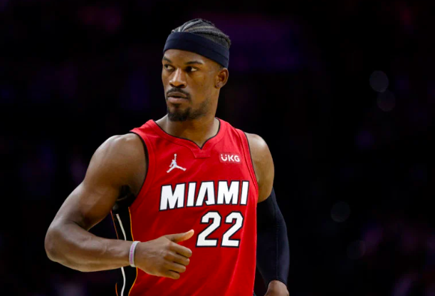 MIAMI HEAT WINS. Jimmy Butler of the Miami Heat in Game Six of the 2022 NBA Playoffs Eastern Conference Semifinals at Wells Fargo Center on May 12, 2022 in Philadelphia, Pennsylvania.   (Getty Images via AFP)