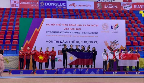 The Philippine women’s gymnastics team at the podium for their gold medal finish in the team event. Gymnastics Association of the Philippines photo