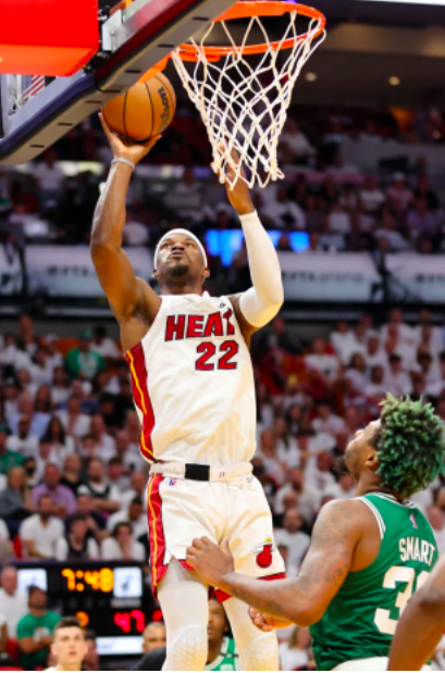 Jimmy Butler of the Miami Heat shoots the ball against Marcus Smart of the Boston Celtics during the second quarter in Game Two of the 2022 NBA Playoffs Eastern Conference Finals at FTX Arena on May 19, 2022 in Miami, Florida. (Getty Images via AFP)