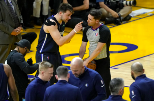 Luka Doncic #77 of the Dallas Mavericks argues with the referee during the third quarter against the Golden State Warriors in Game Two of the 2022 NBA Playoffs Western Conference Finals at Chase Center on May 20, 2022 in San Francisco, California. Thearon W. Henderson/Getty Images/AFP