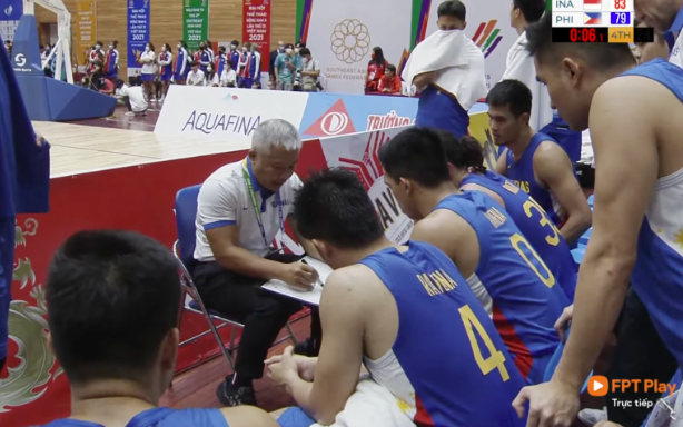 GILAS PILIPINAS BOWS TO INDONESIA. Chot Reyes and Gilas Piipinas during a huddle in their game against Indonesia.
