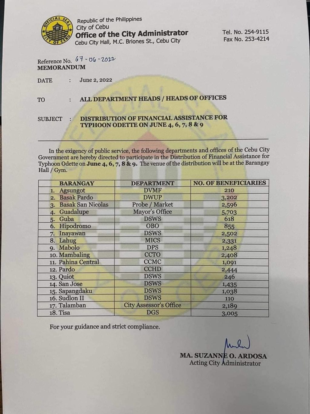 Odette aid to be received in these areas in Cebu City. In photo is the list of Barangays to receive the financial assistance. | Delta Dyrecka Letigio