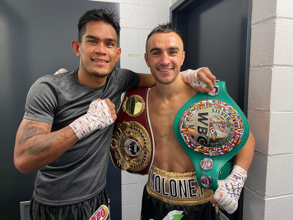 Aston Palicte (left) and Jason Moloney (right) pose for a photo after their bout in Melbourne, Australia. | Photo from Palicte's Facebook page