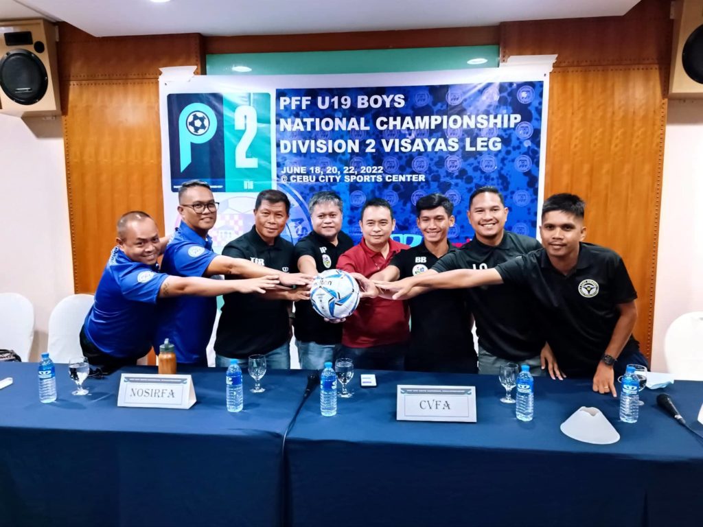 The CVFA officials along with team representatives pose for photos during the launching of the U19 Boys National Championship Division 2 Visayas Leg at the  Casino Español. | Photo by Glendale G. Rosal