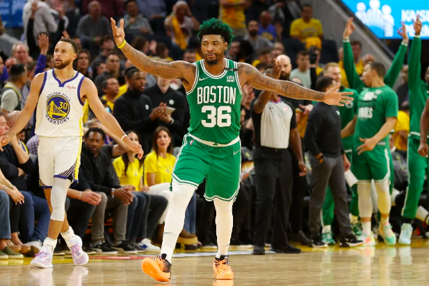 Marcus Smart #36 of the Boston Celtics reacts after his three point basket against the Golden State Warriors during the fourth quarter in Game One of the 2022 NBA Finals at Chase Center on June 02, 2022 in San Francisco, California. Ezra Shaw/Getty Images/AFP 
